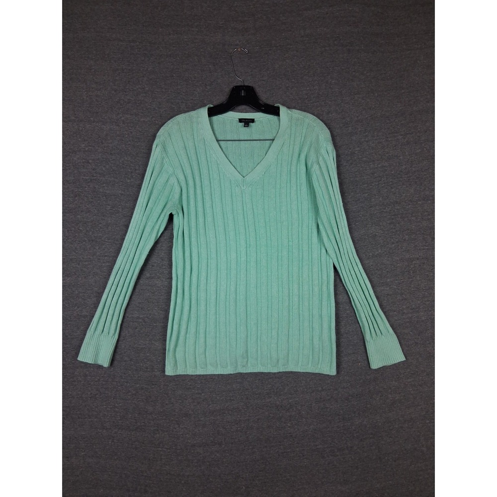 Talbots Womens Sweater M Green Linen Cotton Ribbed Lightweight Soft Coastal